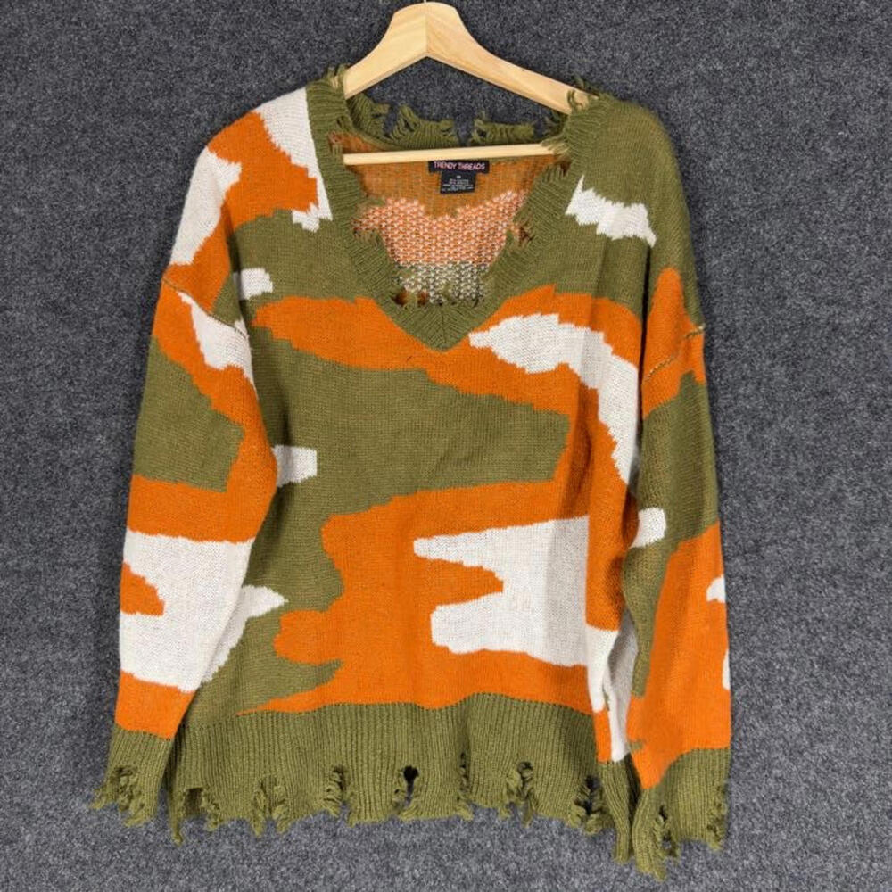 Trendy Threads Sweater Pullover Women 1X Plus Green Camouflage V-Neck Cotton